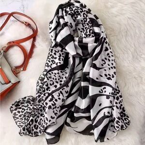 Elegant Black and White Animal Print silk Scarf